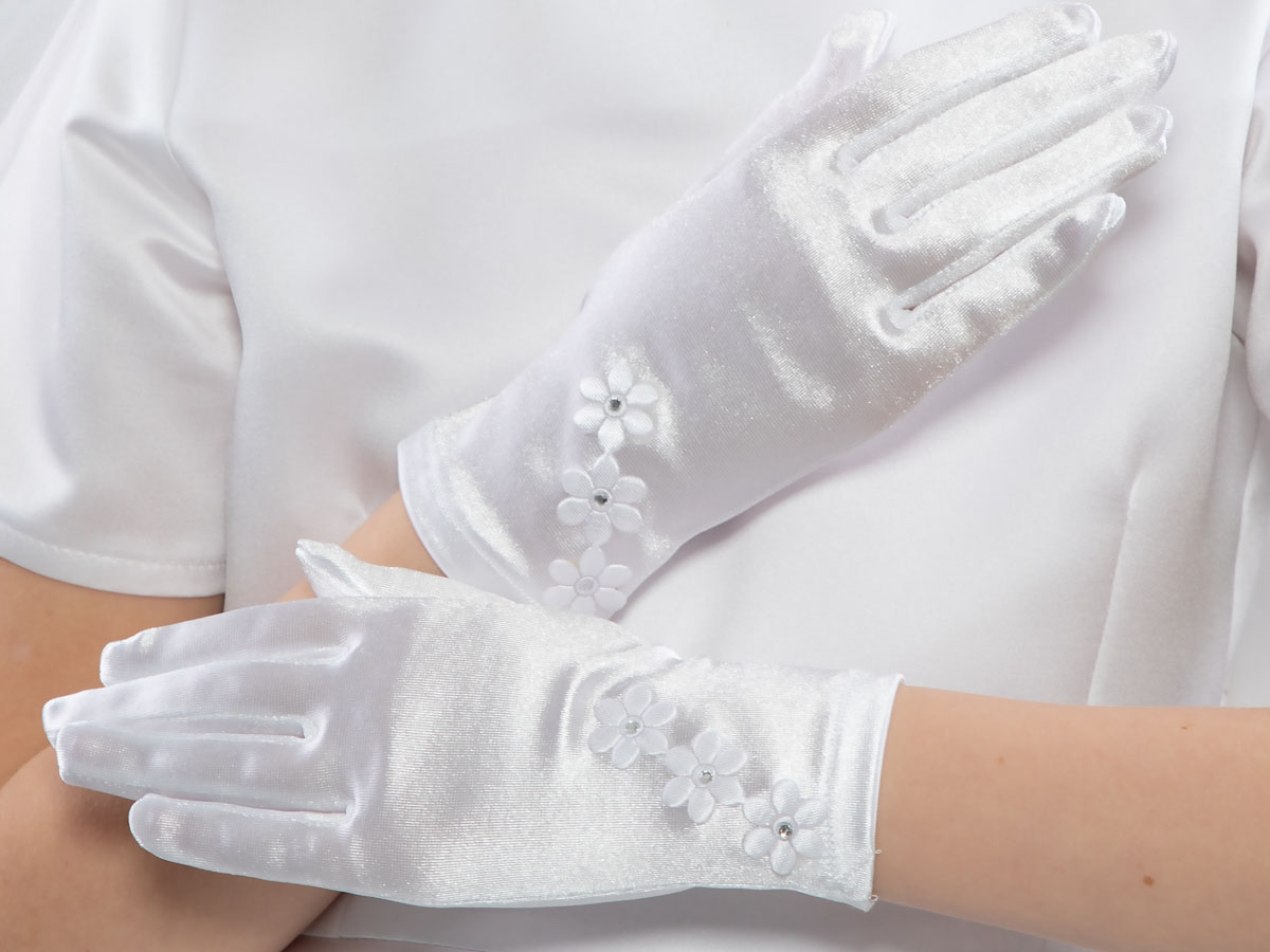 Gładkie rękawiczki z białymi kwiatkami z kryształkami NR0